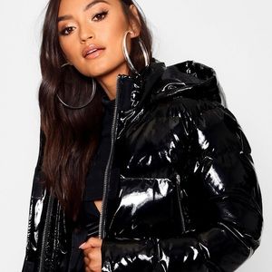 Boohoo Petite Hooded Crop Shine Coat